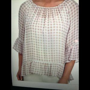 Zac & Rachel Tan Gingham 3/4 Bell Sleeve Top - 1X